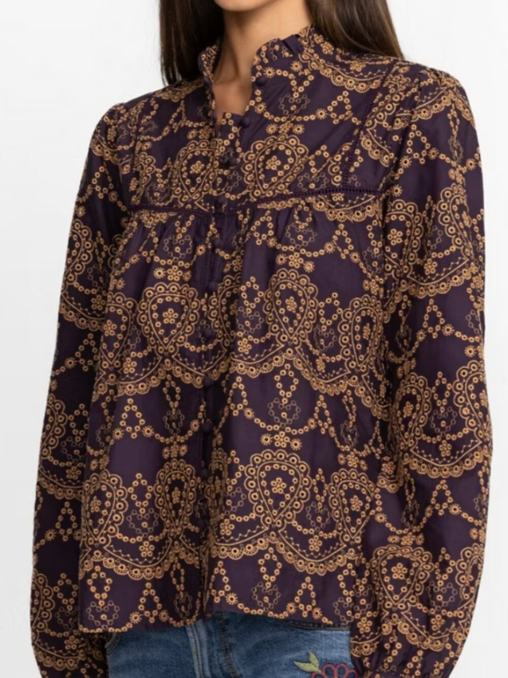 JOHNNY WAS Jade Embroidered Elora Eyelet Blouse Top